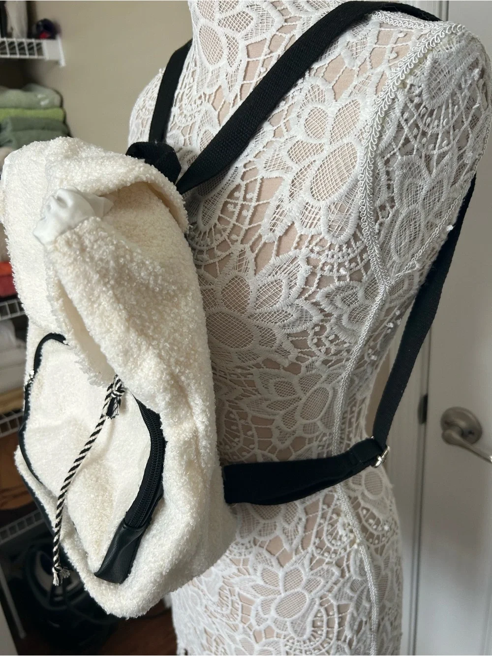 Madden Girl Cream Sherpa Backpack with Black Trim